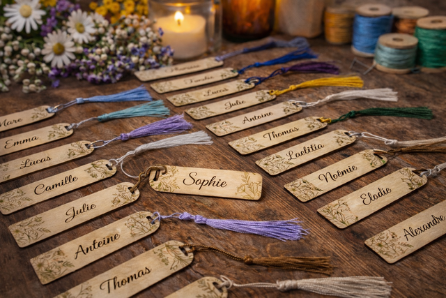 Marque-page personnalisé en bois – Pompon au choix