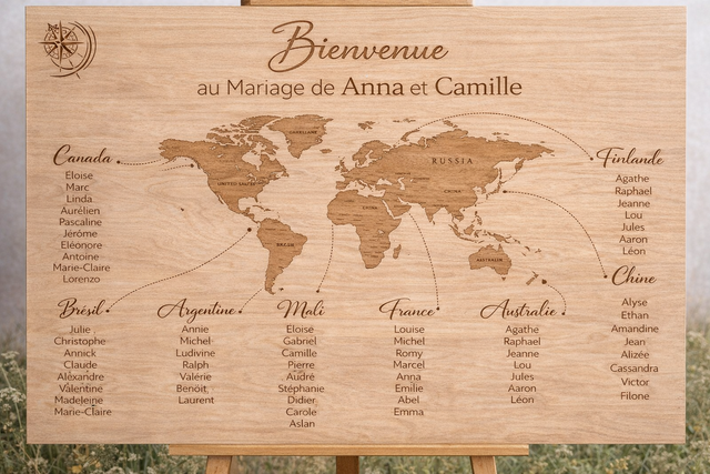 Plan de table en bois – Thème voyage (Location)