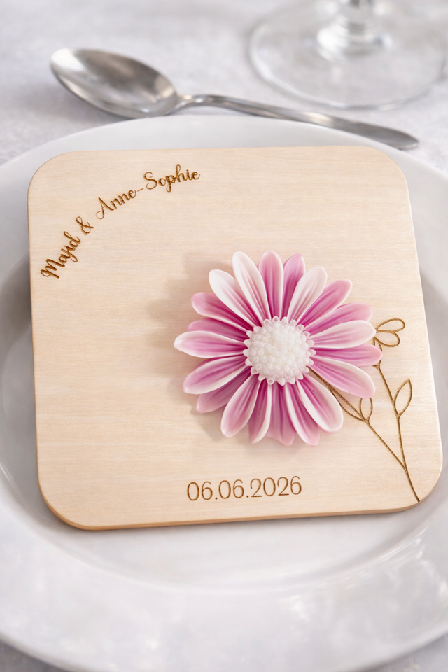 Socle bois gravé – Fleur décorative pour bougie ou fondants