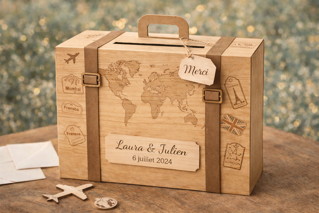 Urne de mariage en bois – Thème voyage
