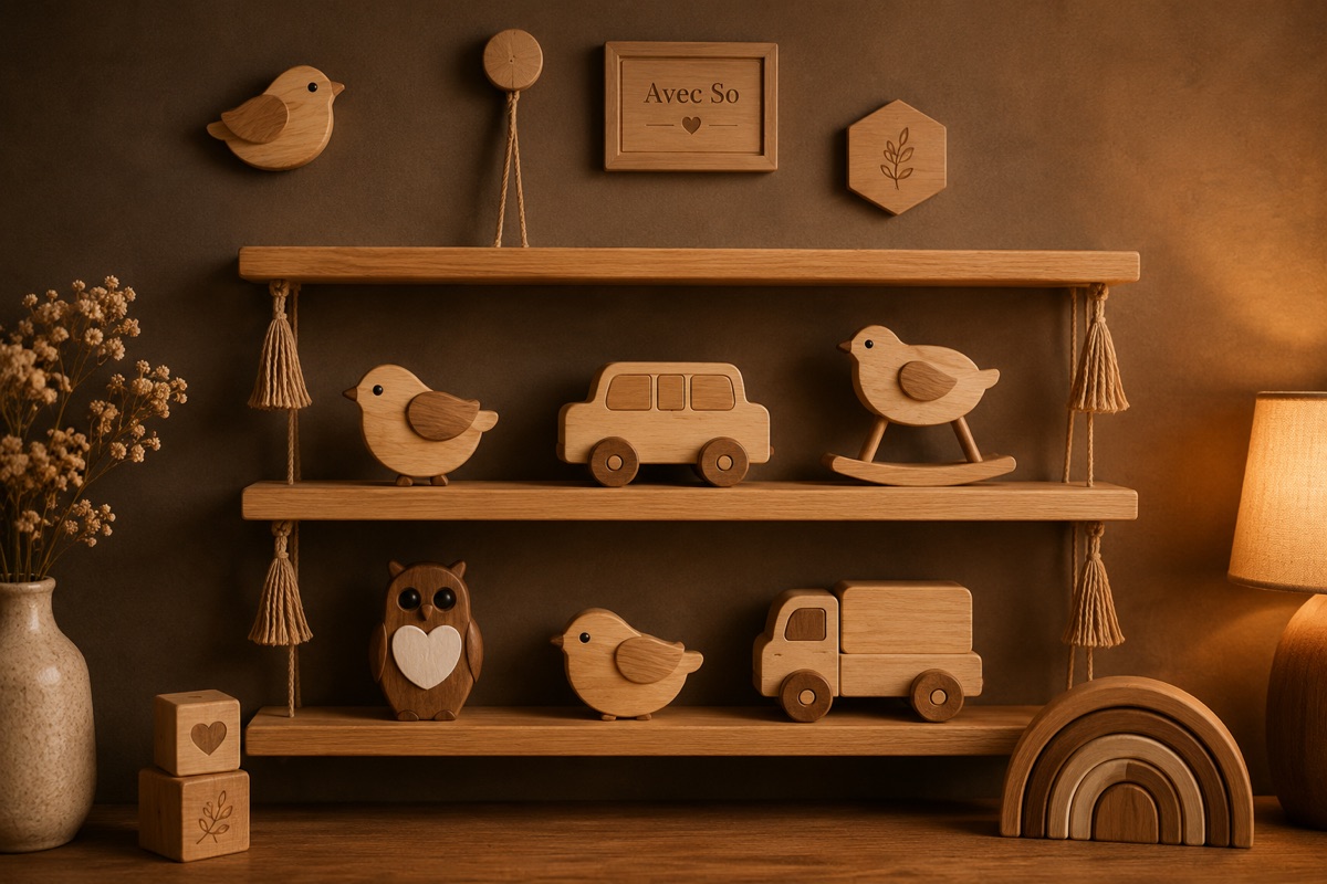 Étagères et objets décoratifs en bois